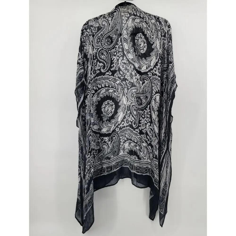 Soft Surroundings Kimono Wrap Black White Paisley Floral Soft Open One Size OS